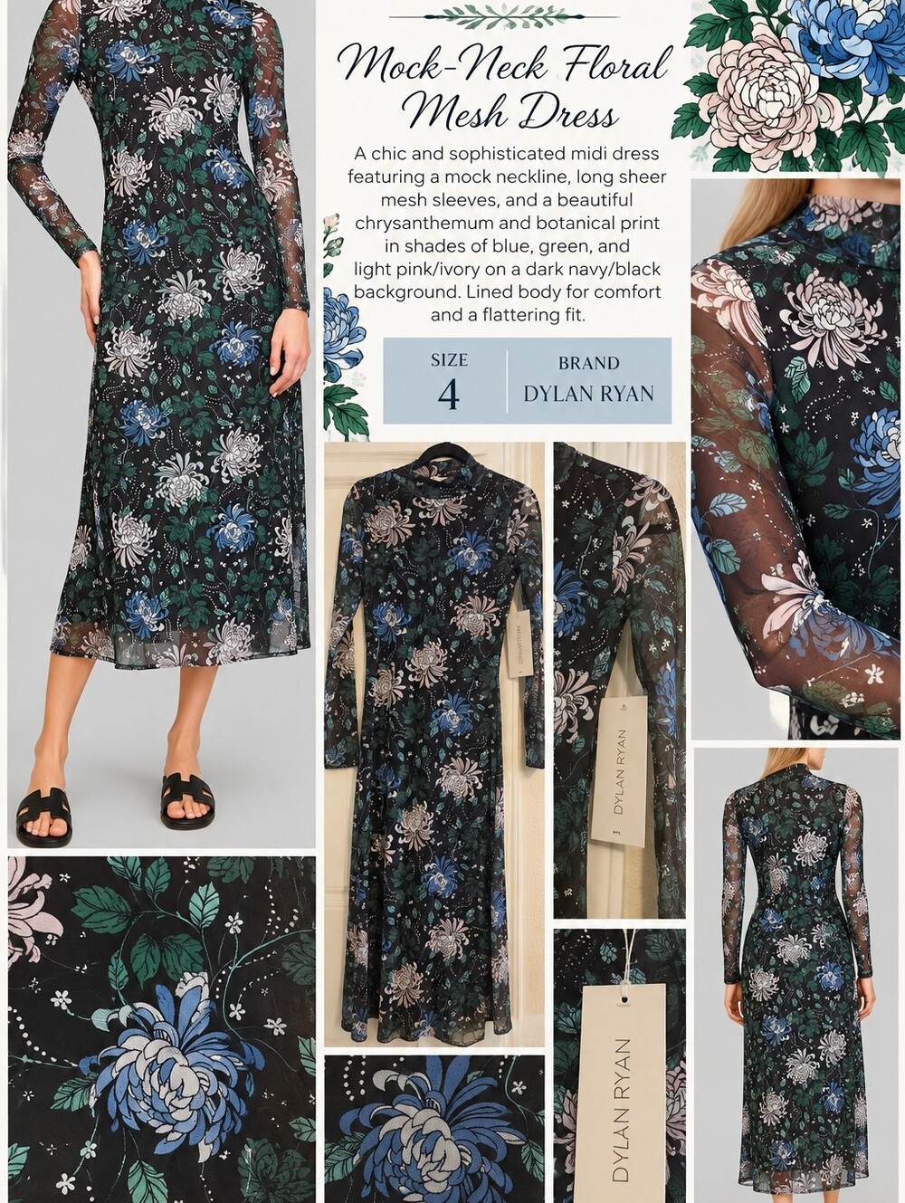 NWT Dylan Ryan Mock-Neck Floral Mesh Midi Dress in Navy/Black